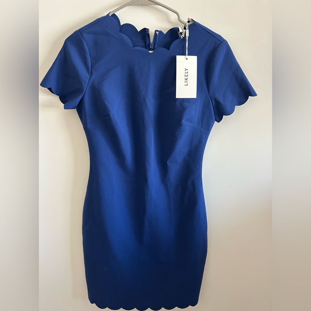 LIKELY Blue Scalloped Midi Dress